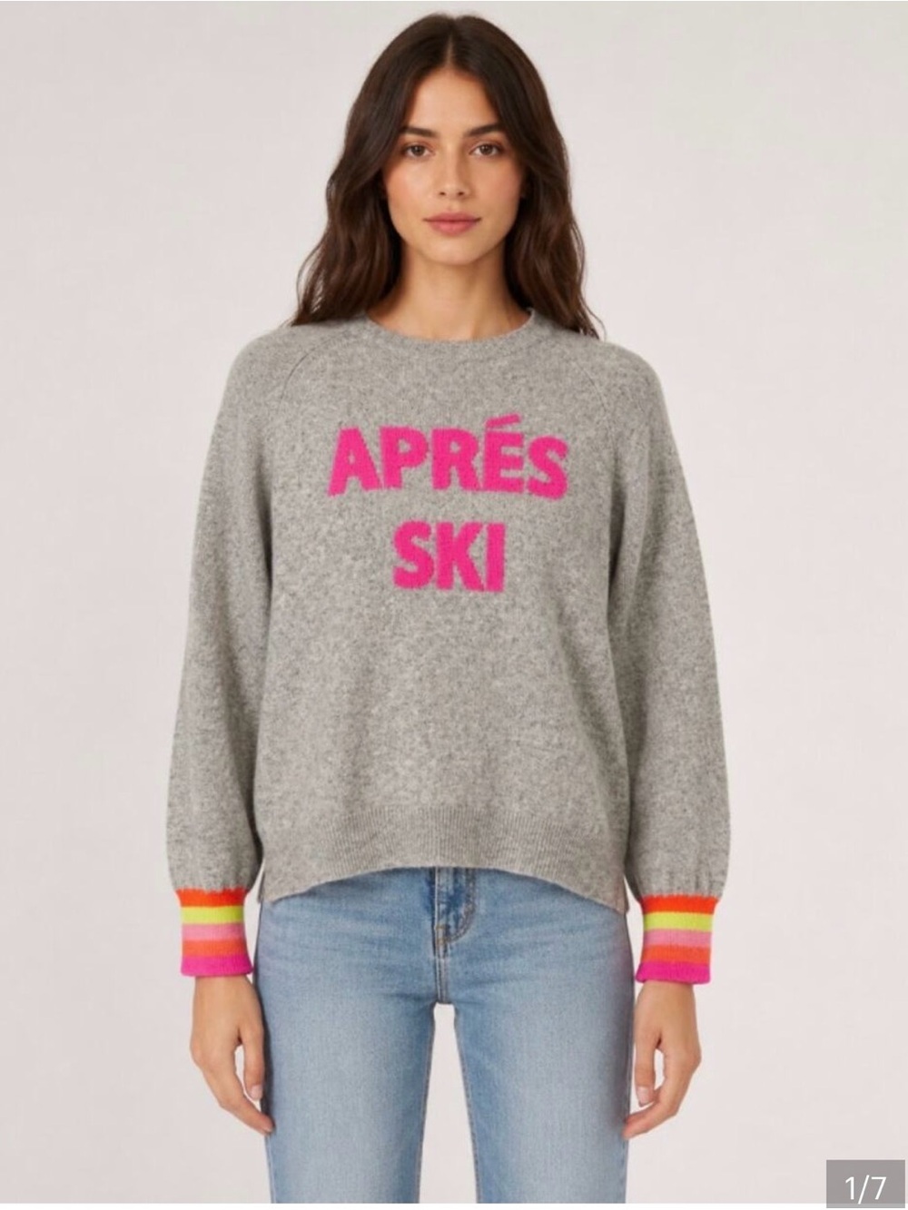 SCOTT & SCOTT LONDON 100% Cashmere Après Ski Sweater Gray with Pink Intarsia